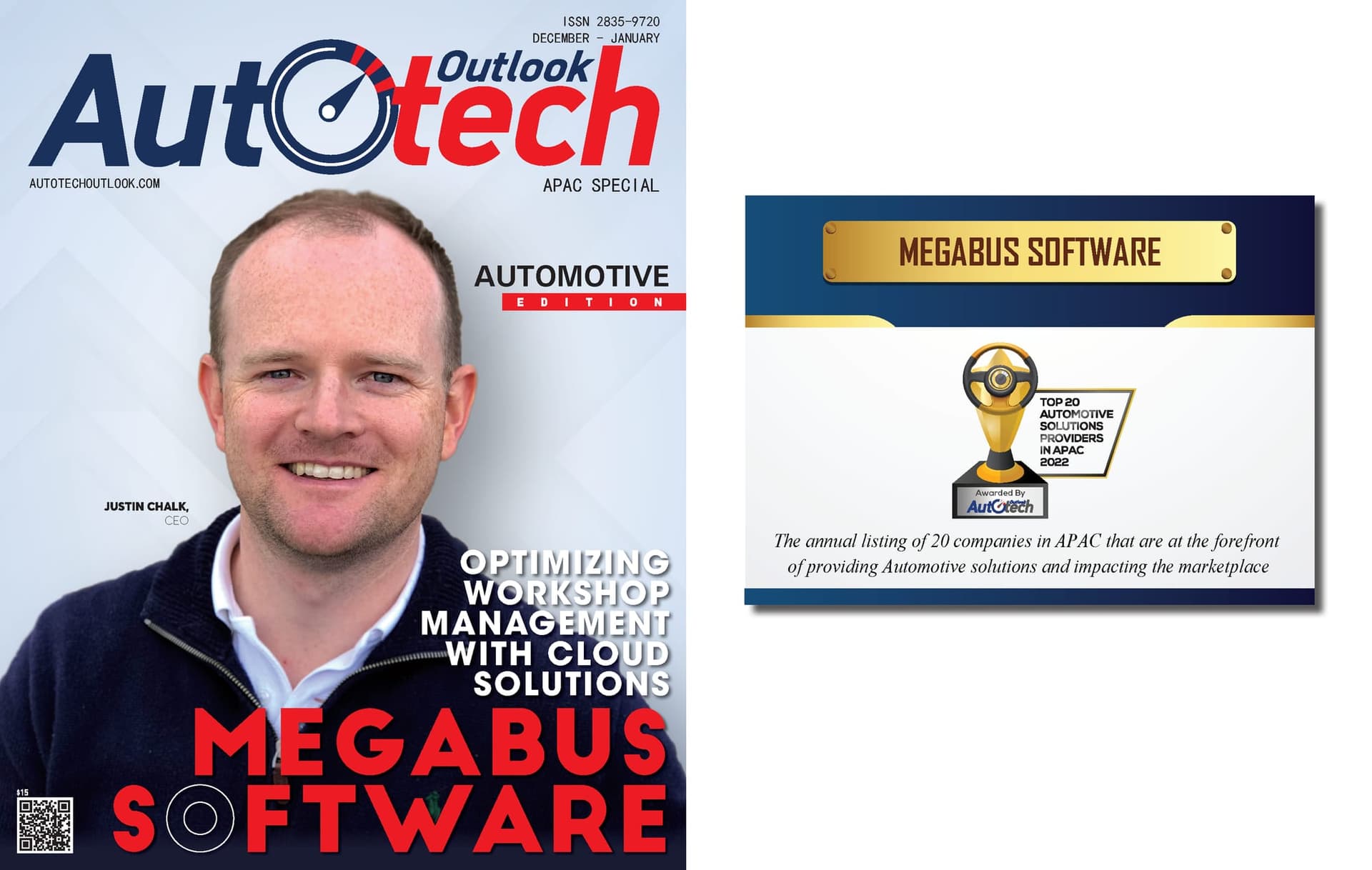 Auto Tech Outlook APAC Special cover featuring Justin Chalk, CEO of Megabus Software, beside a Top 20 Automotive Solutions Providers in APAC 2022 certificate