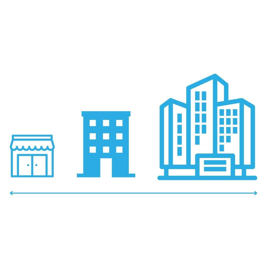 Icons of a shop, an office building and a large commercial building: solutions for businesses of any size
