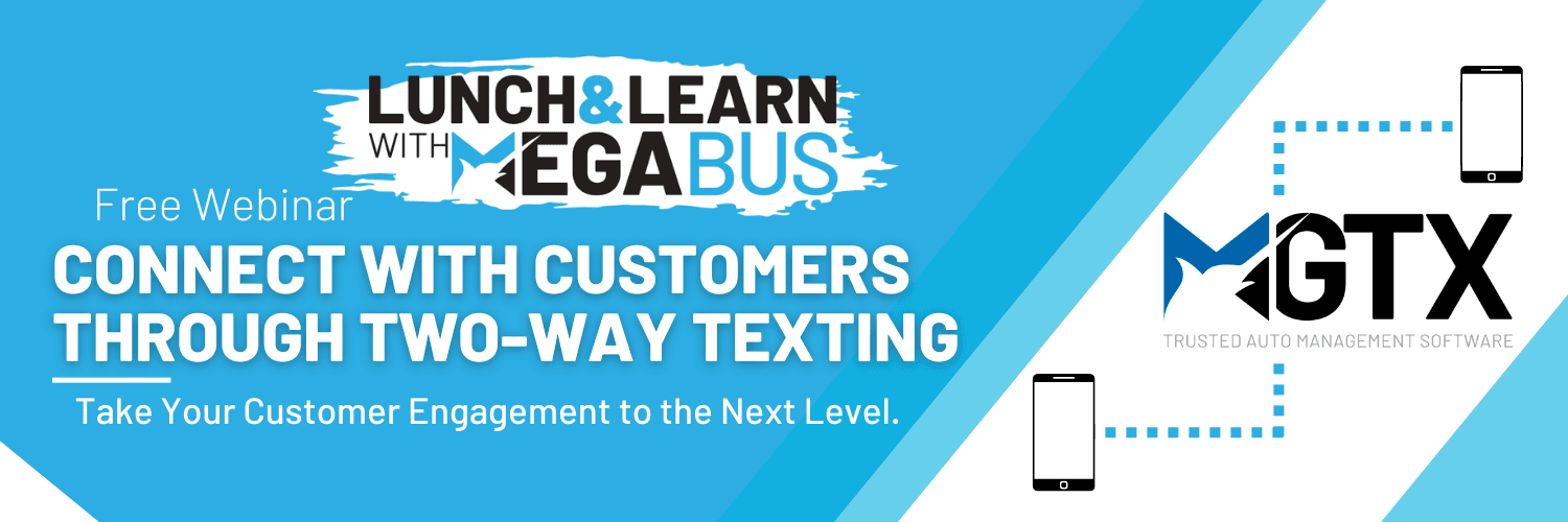 Lunch & Learn with Megabus banner: free webinar, connect with customers through two-way texting, Marlin GTX