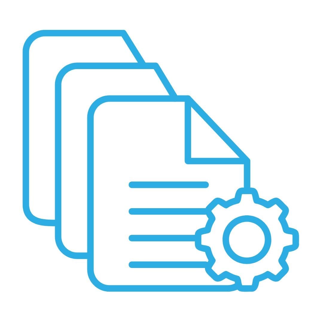 Supplier batch payments icon: stacked documents with a gear