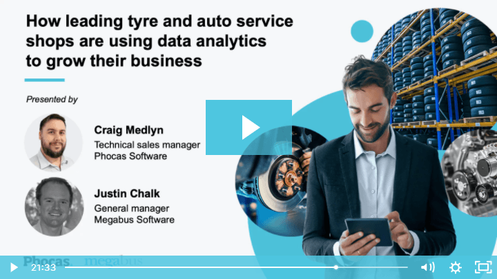 Webinar title slide: How leading tyre and auto service shops are using data analytics to grow their business, presented by Craig Medlyn of Phocas Software and Justin Chalk of Megabus Software